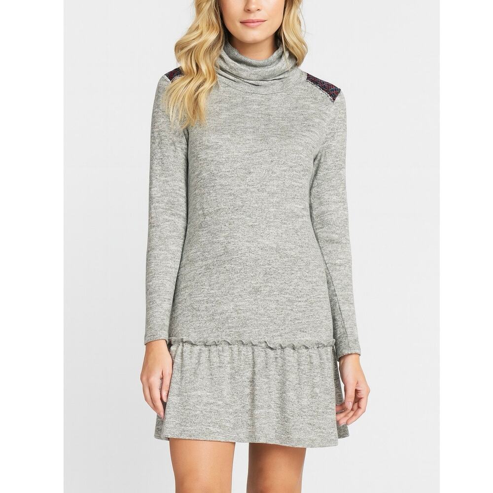 Anthropologie THML Sweater Dress Gray Tribal Embroidered Turtleneck XS